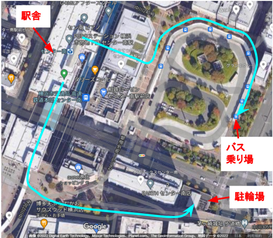 センター南駅のバス停と駐輪場までの経路図。