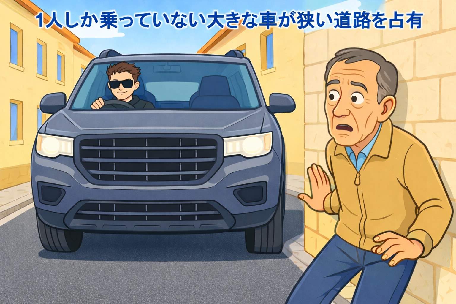 狭い道路大きなSUV(オフロード車)が占有し、歩行者が端に追いやられているイラスト。