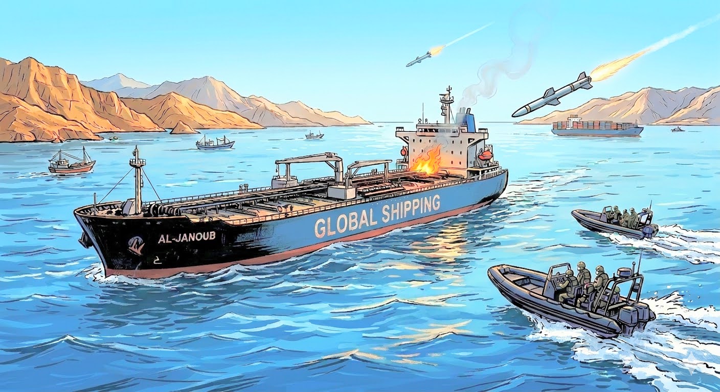 石油タンカーが攻撃されるイラスト